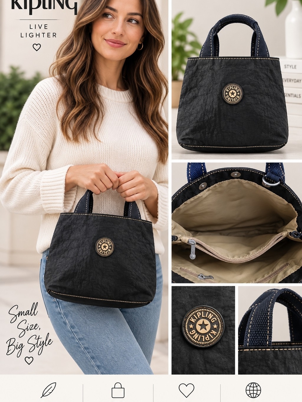 Kipling Small Black Tote Bag - Compact Everyday Handbag